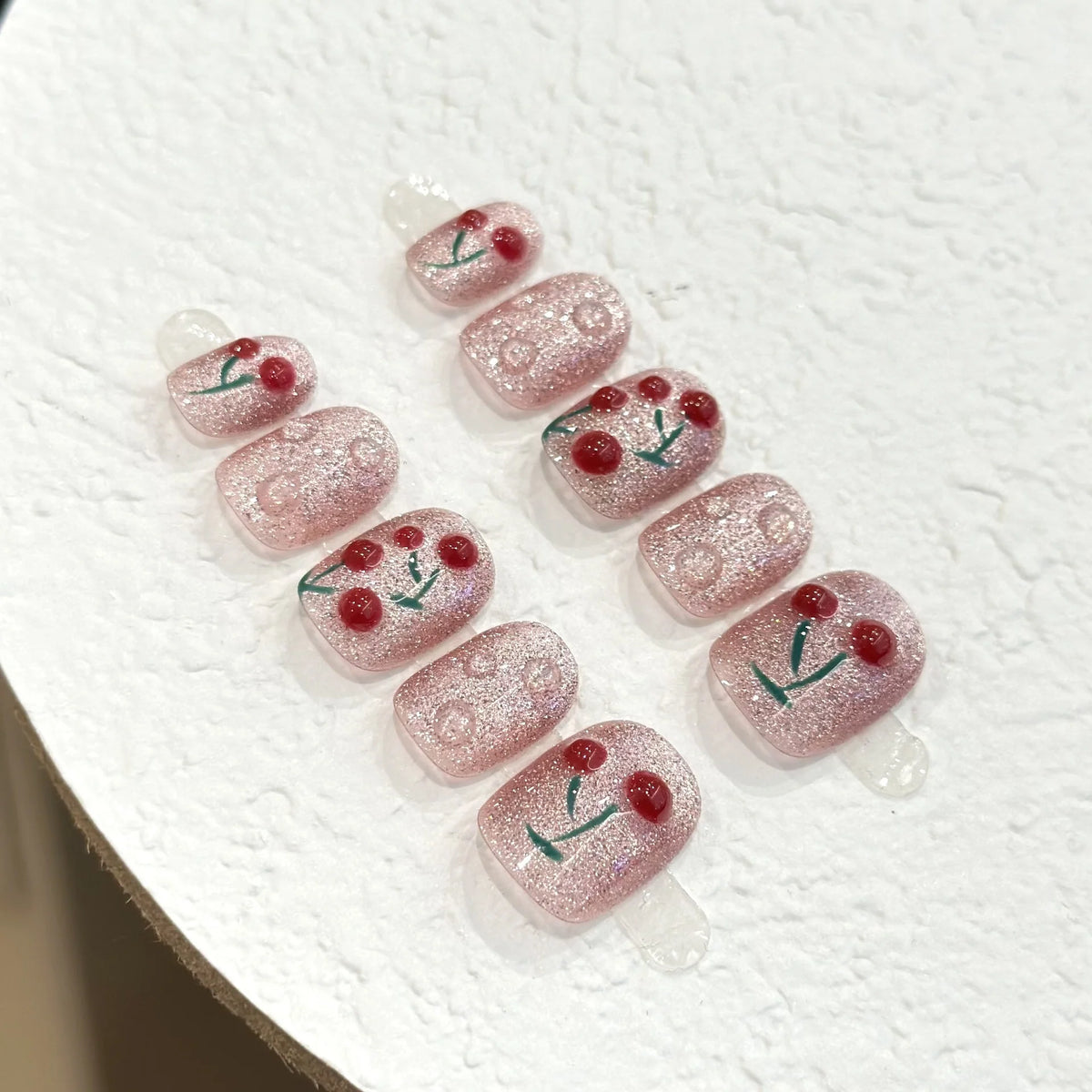 Press-On Nail Set Cherry Blossom & Crystal Accents