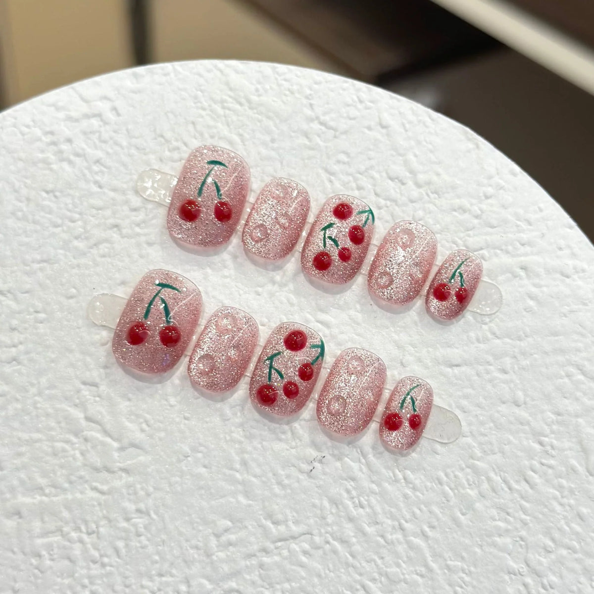 Press-On Nail Set Cherry Blossom & Crystal Accents