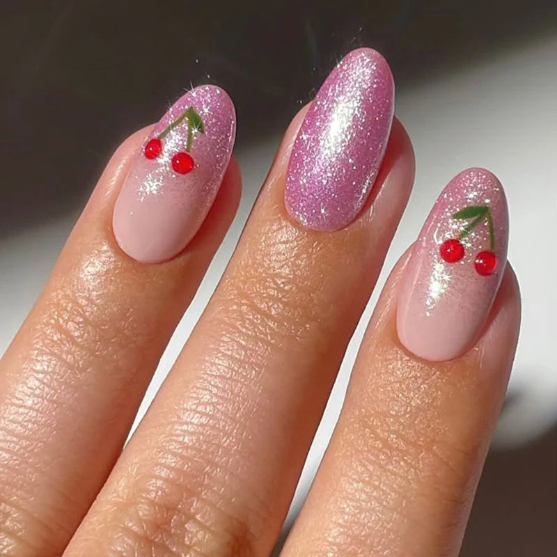 Press-On Nail Set Cherry Blossom Design Flexible Fit