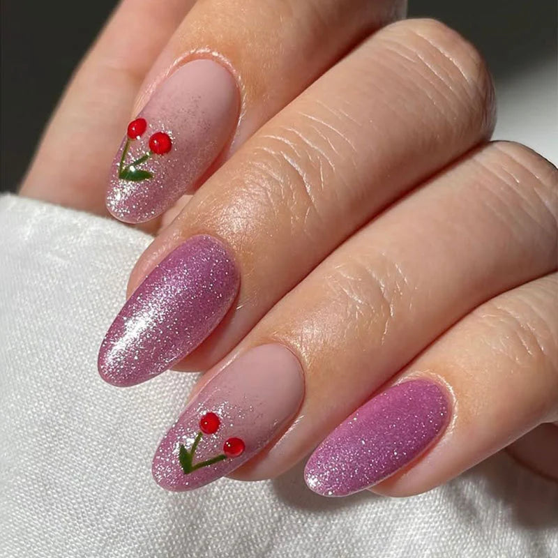Press-On Nail Set Cherry Blossom Design Flexible Fit