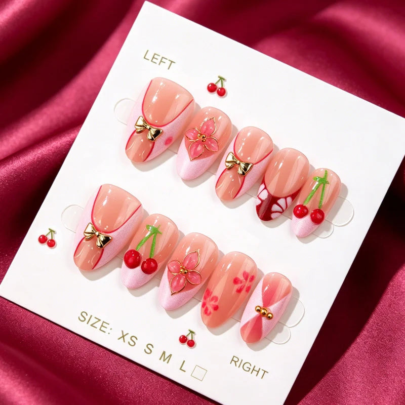 Press-On Nail Set Cherry Blossom Gold Accents