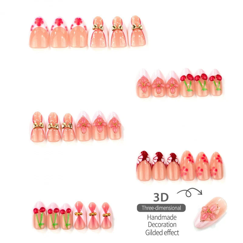 Press-On Nail Set Cherry Blossom Gold Accents