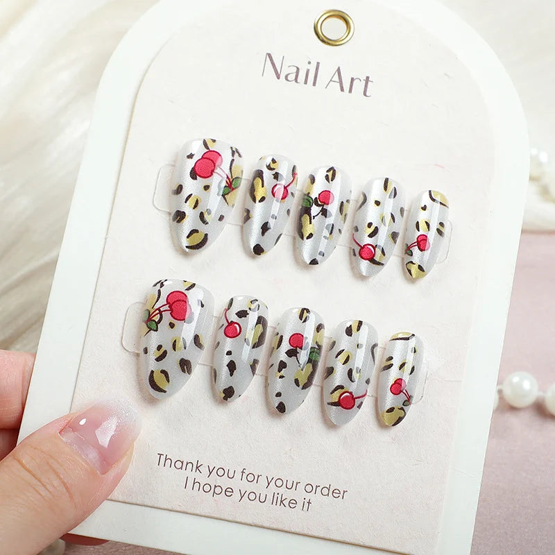 Press-On Nail Set Cherry Blossom & Leopard Print Peel-Off Adhesive