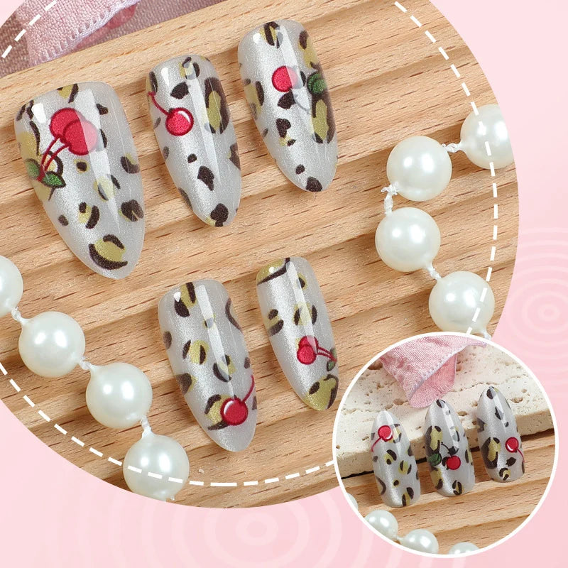 Press-On Nail Set Cherry Blossom & Leopard Print Peel-Off Adhesive