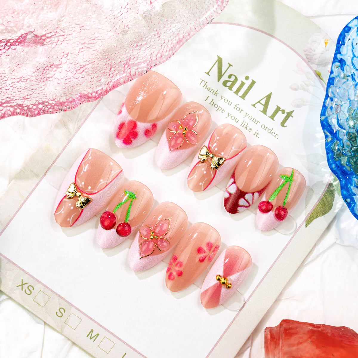 Press-On Nail Set Cherry Blossom Peel-And-Stick Reusable