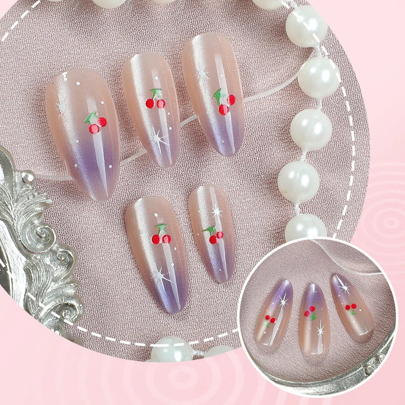 Press-On Nail Set Cherry Blossom Sparkle Reusable