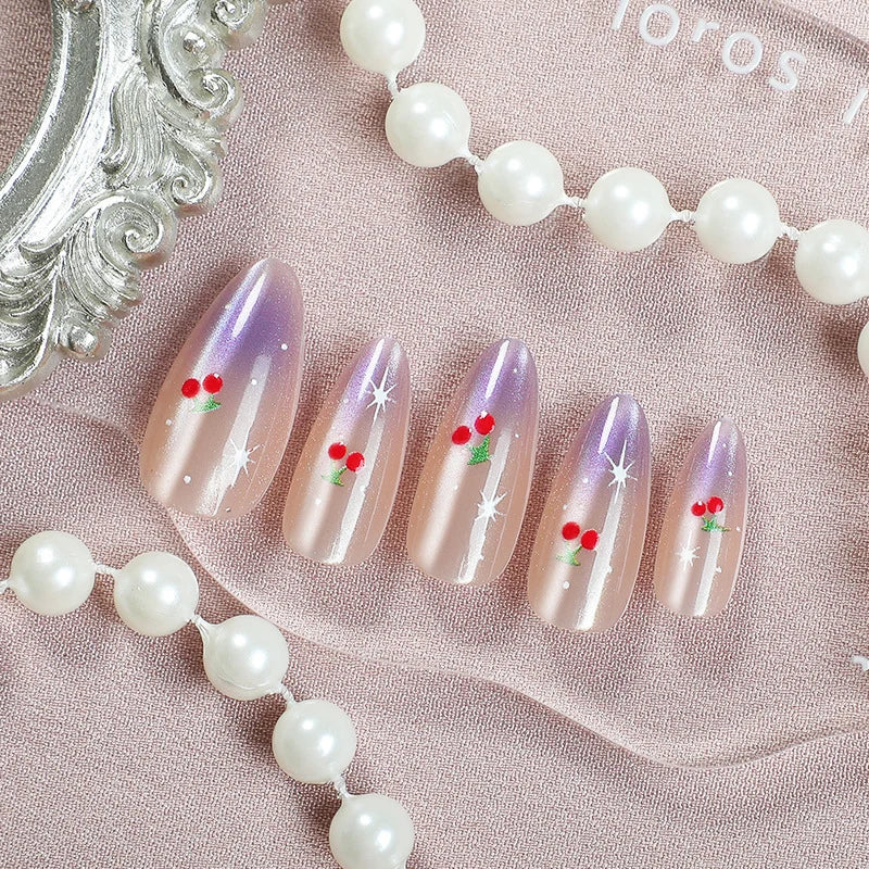 Press-On Nail Set Cherry Blossom Sparkle Reusable