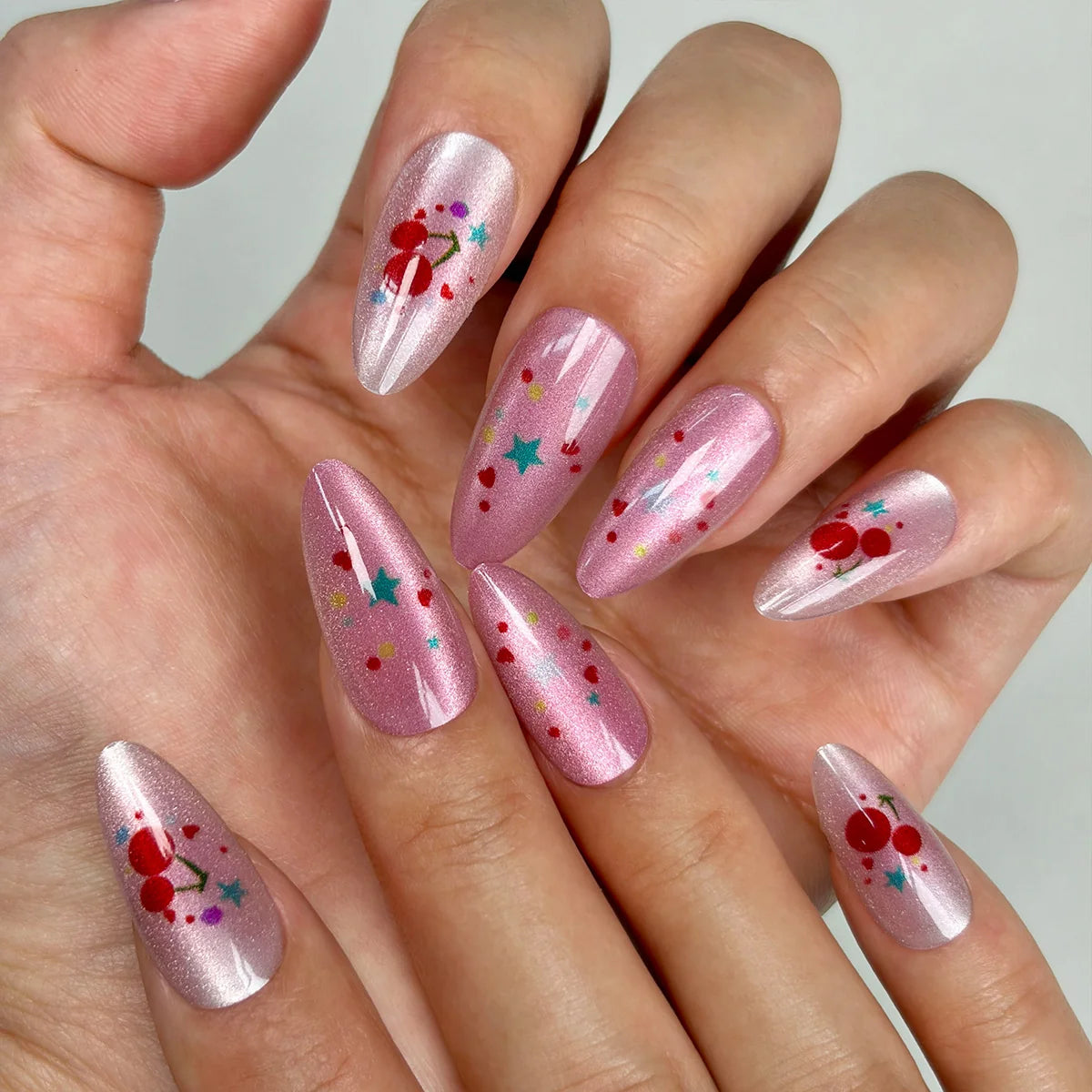 Press-On Nail Set Cherry Design No-Glue 24-Count