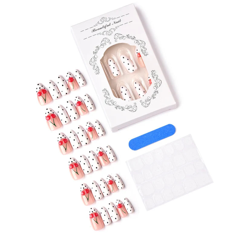 Press-On Nail Set Cherry Design Peel-And-Stick Multiple Sizes