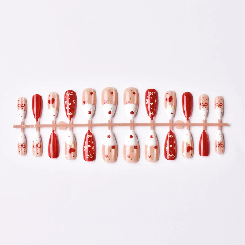 Press-On Nail Set Cherry & Heart Design No Glue