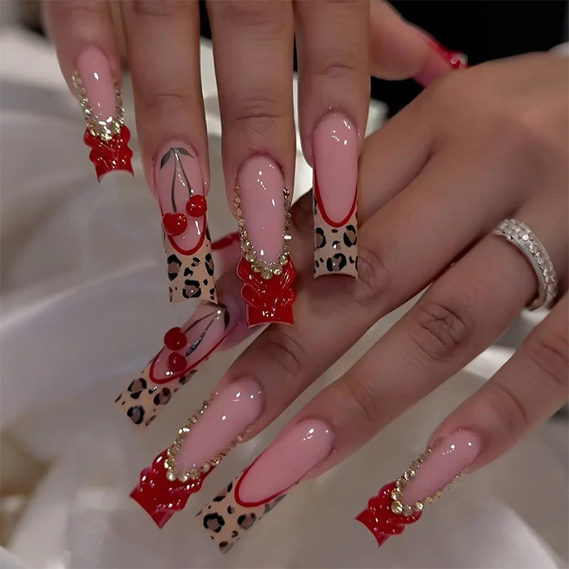 Press-On Nail Set Cherry & Leopard Strong Adhesive