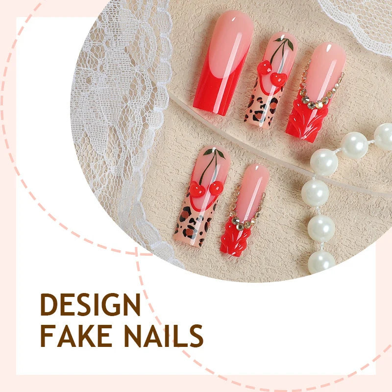 Press-On Nail Set Cherry & Leopard Strong Adhesive