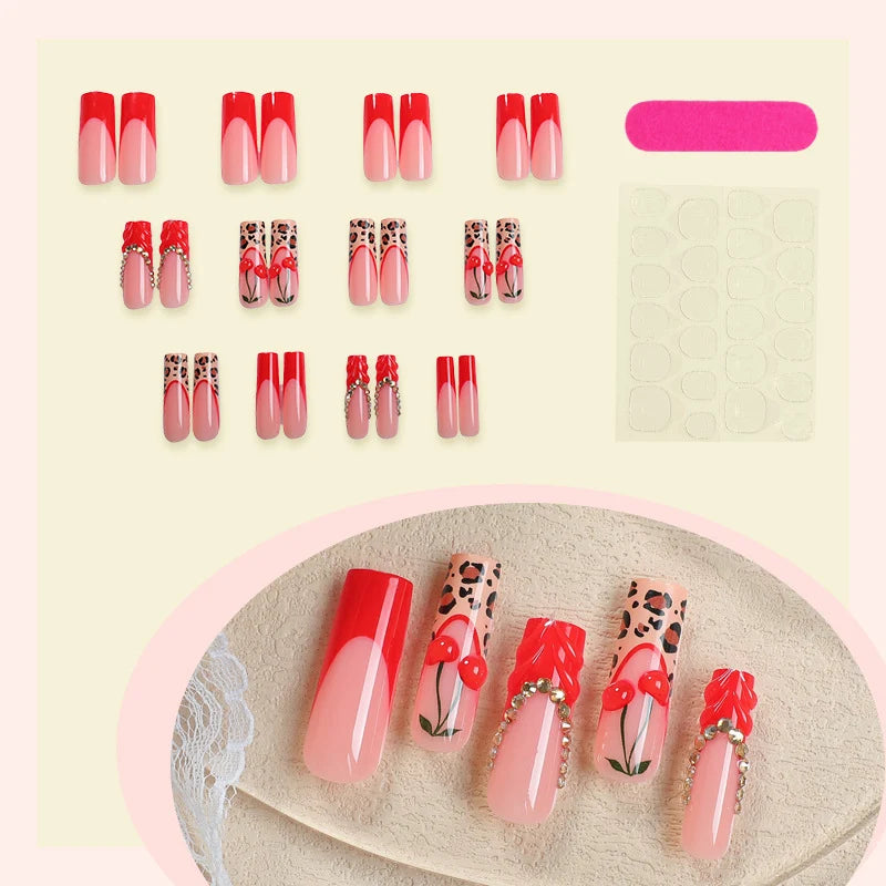 Press-On Nail Set Cherry & Leopard Strong Adhesive