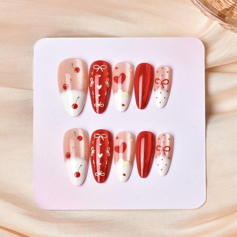 Press-On Nail Set Cherry Motifs Peel-And-Stick Adhesive Multiple Sizes