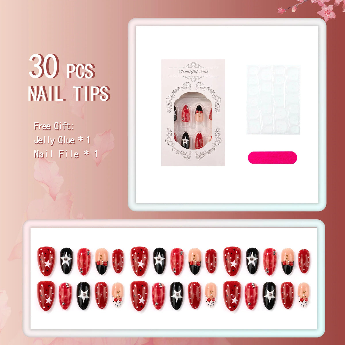 Press-On Nail Set Cherry & Star Designs No-Glue
