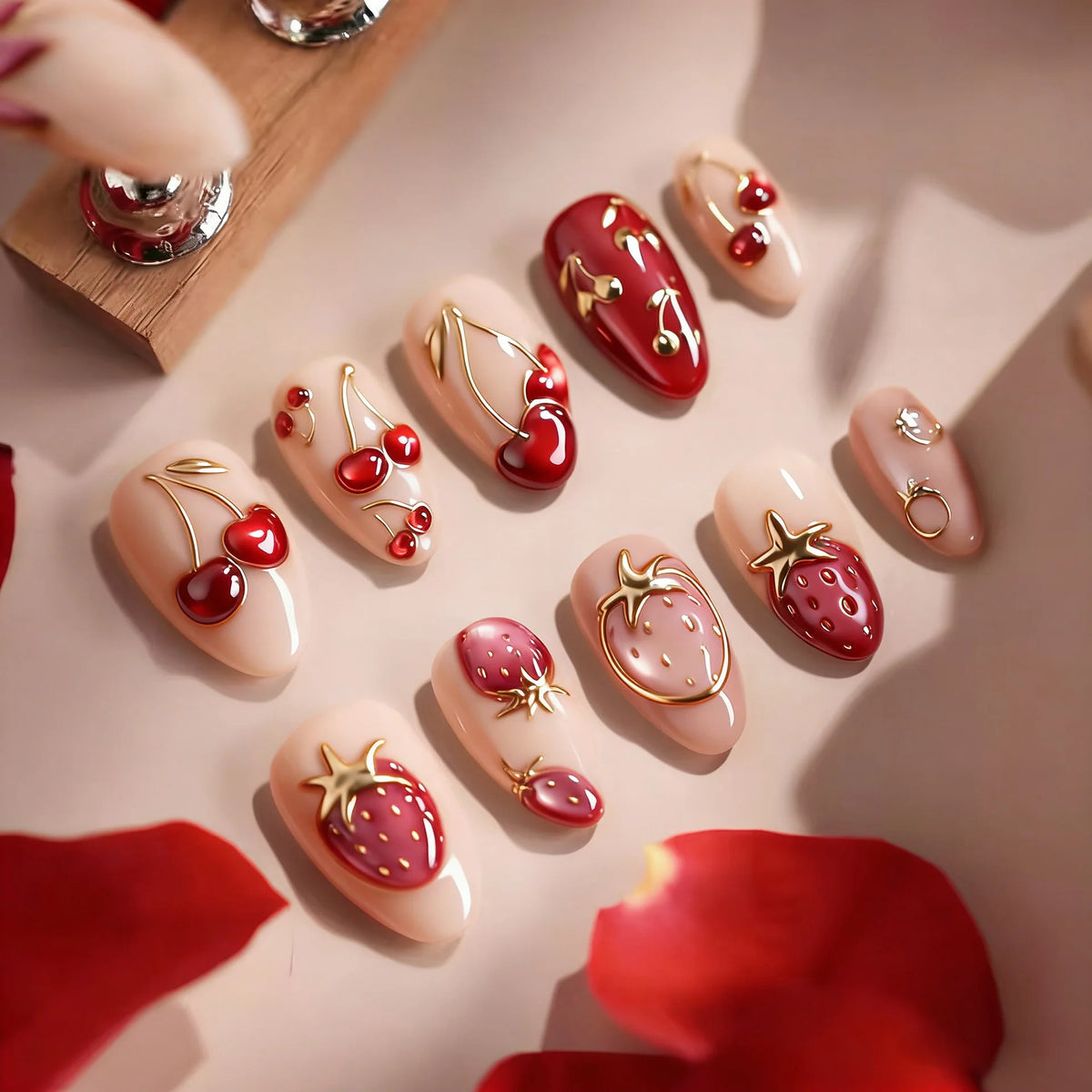 Press-On Nail Set Cherry & Strawberry Reusable Non-Toxic