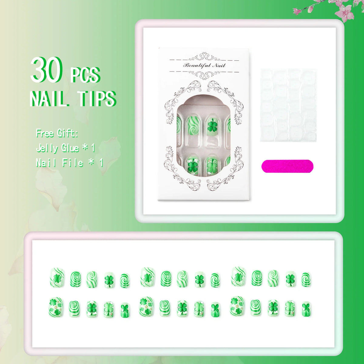 Press-On Nail Set Clover Designs Easy Application