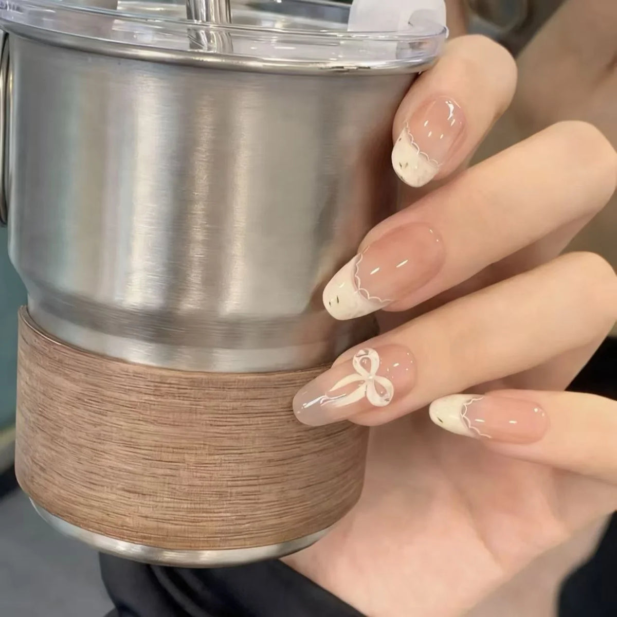 Press-On Nail Set Cream Floral Durable Finish