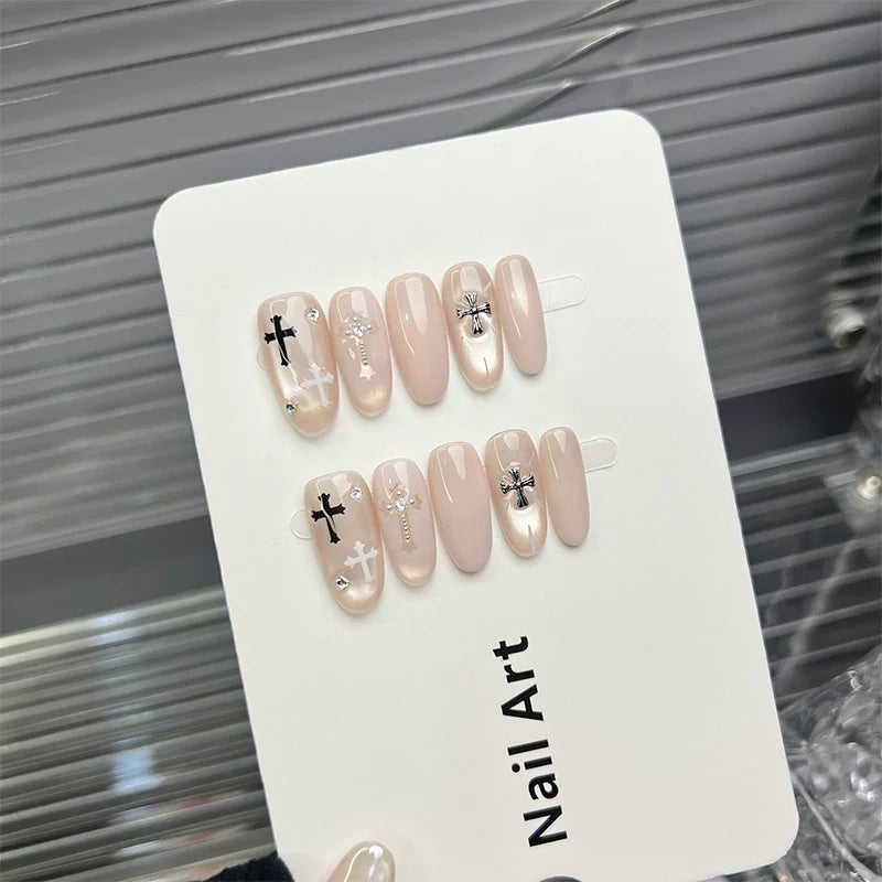Press-On Nail Set Cross-Embellished Rhinestone Accents & Reusable