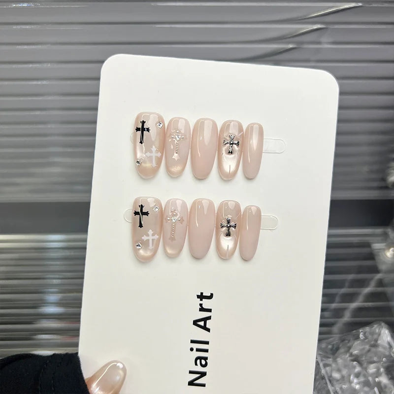 Press-On Nail Set Cross-Embellished Rhinestone Accents & Reusable