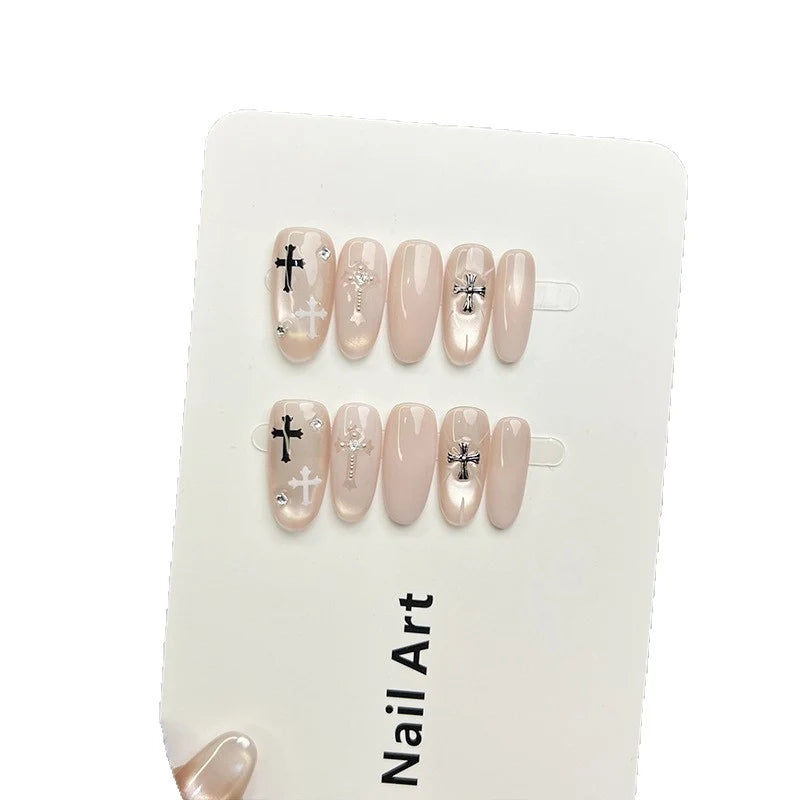 Press-On Nail Set Cross-Embellished Rhinestone Accents & Reusable