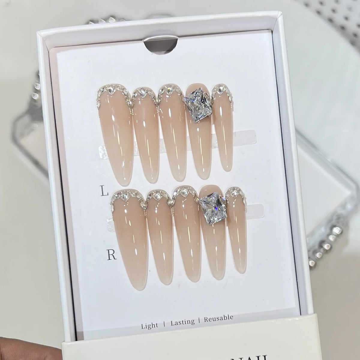 Press-On Nail Set Crystal Accents Reusable & Self-Adhesive