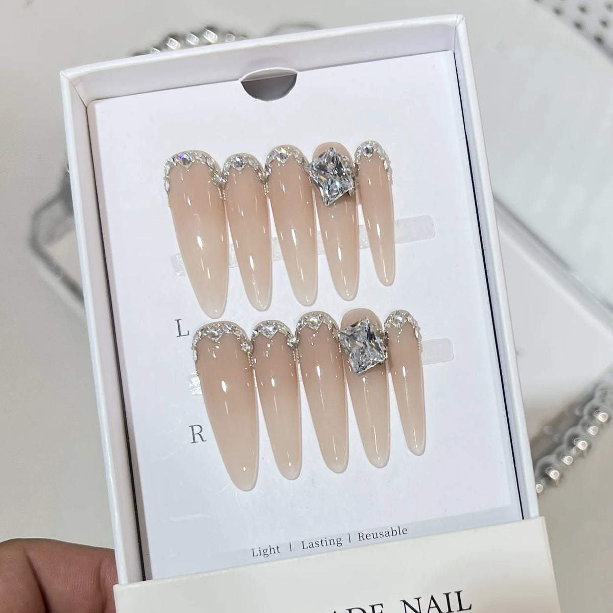 Press-On Nail Set Crystal Accents Reusable & Self-Adhesive