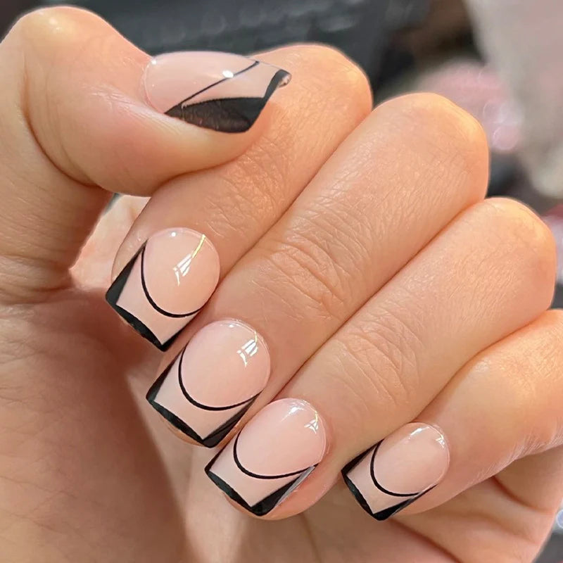 Press-On Nail Set Curved Line Reusable & Skin-Friendly