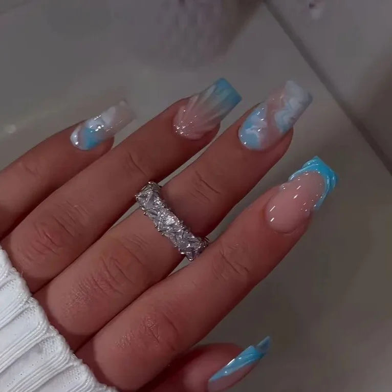 Press-On Nail Set Dark Blue Artistic Gel-Like Finish