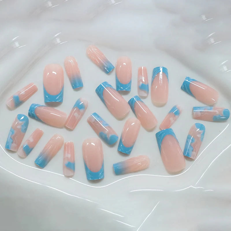 Press-On Nail Set Dark Blue Artistic Gel-Like Finish