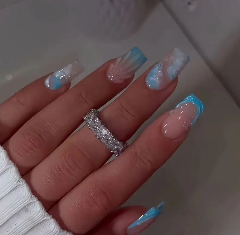 Press-On Nail Set Dark Blue Artistic Gel-Like Finish