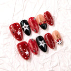 Press-On Nail Set Dark Green Floral & Star Designs