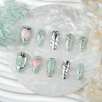 Press-On Nail Set Dark Green Silver & Crystal Accents