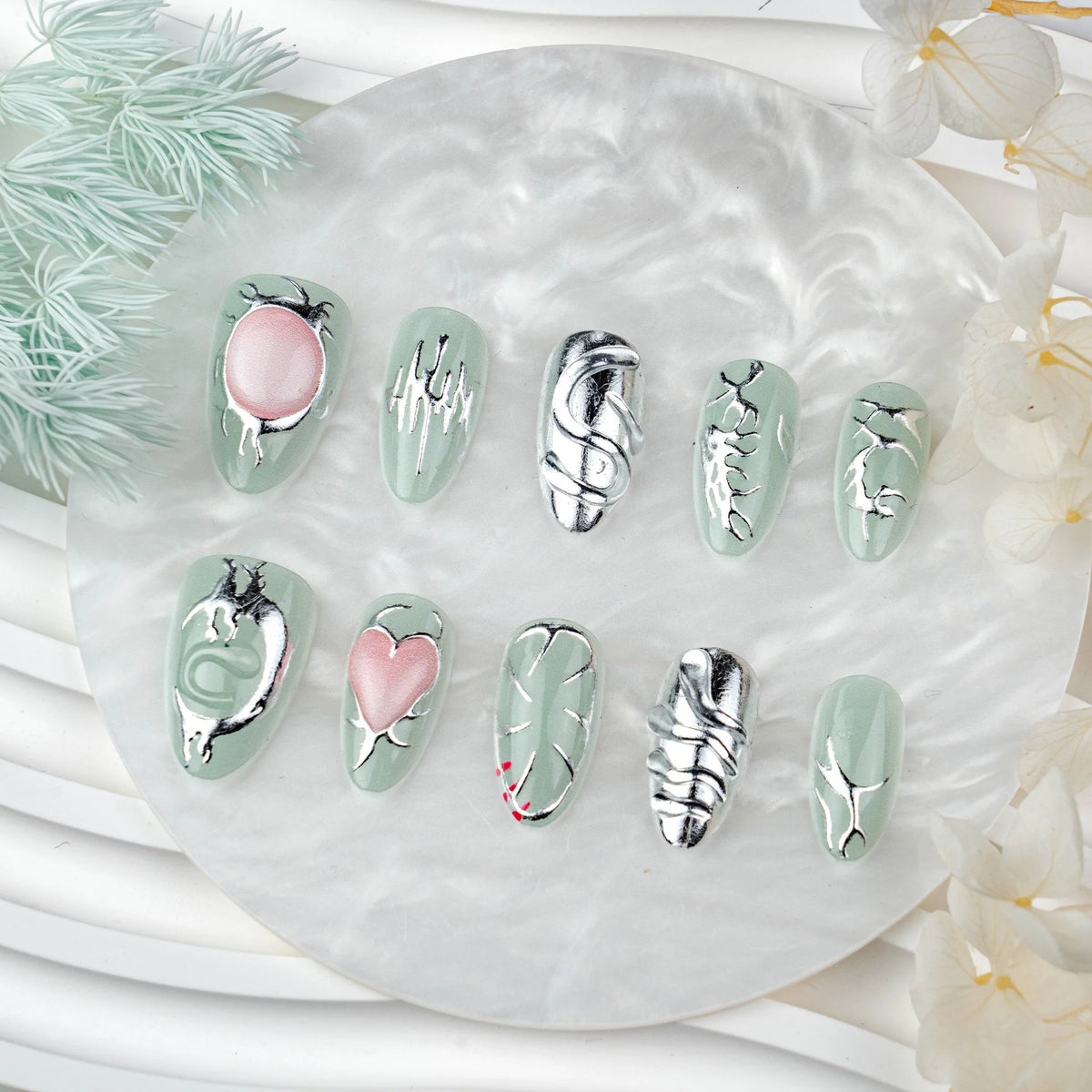 Press-On Nail Set Dark Green Silver & Crystal Accents