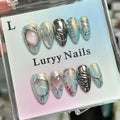 Press-On Nail Set Dark Green Silver & Crystal Accents