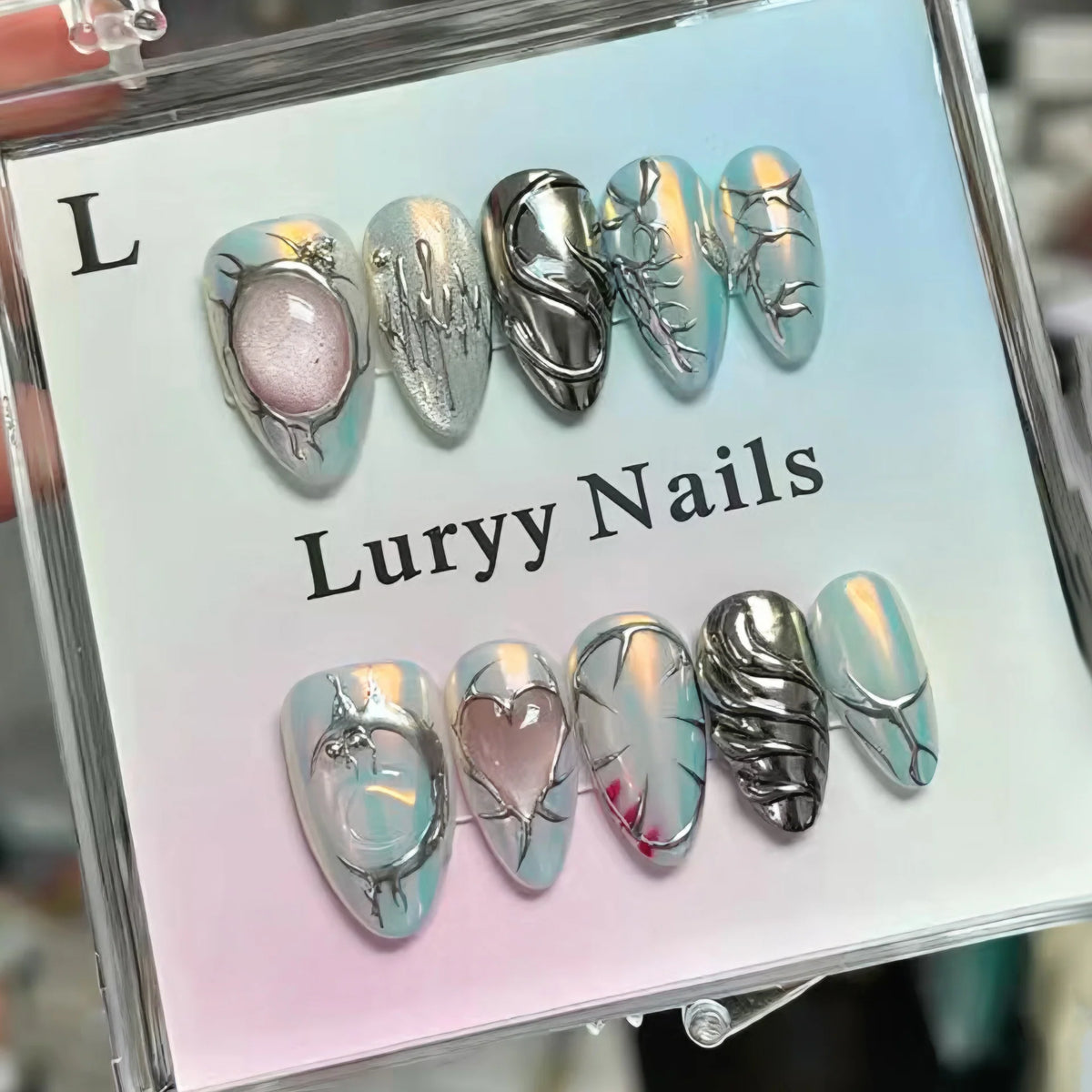 Press-On Nail Set Dark Green Silver & Crystal Accents