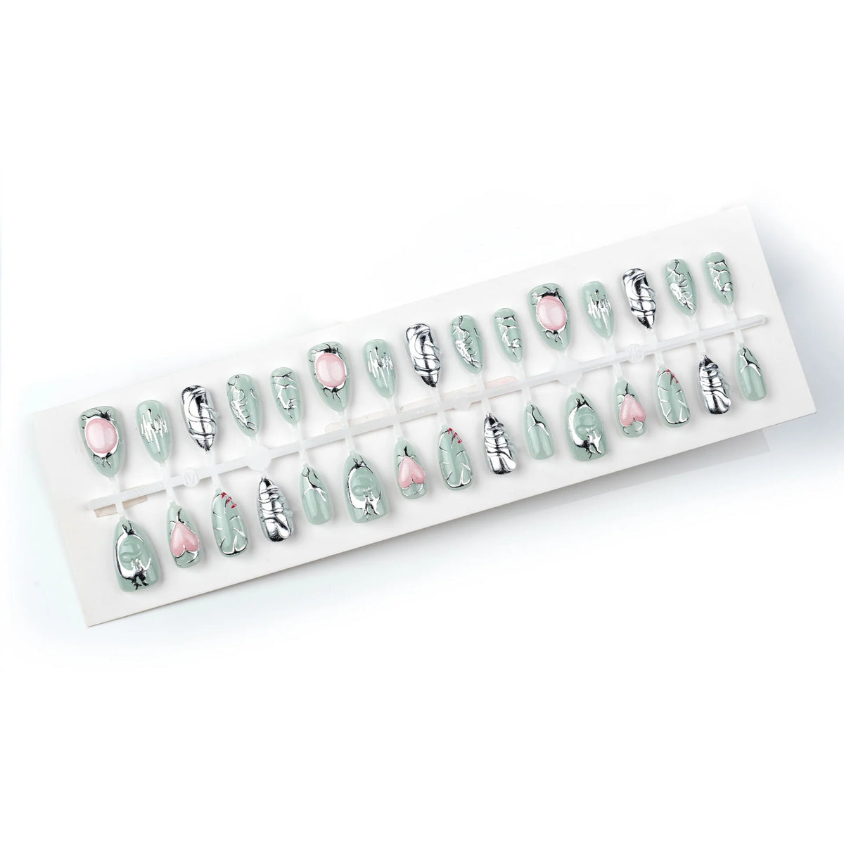 Press-On Nail Set Dark Green Silver & Crystal Accents