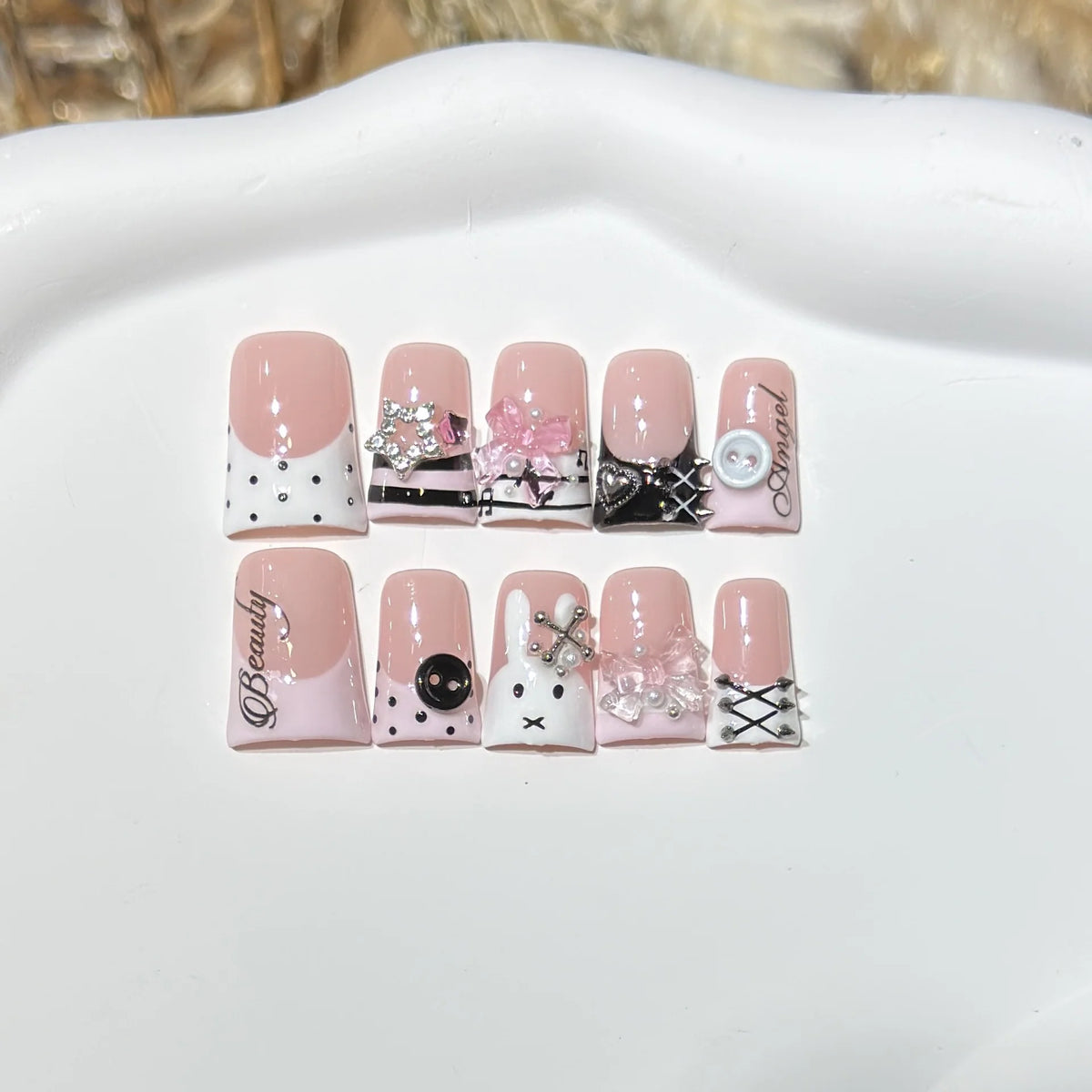 Press-On Nail Set Decorative Bows & Buttons Reusable