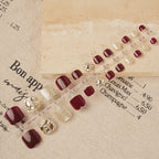 Press-On Nail Set Deep Burgundy & Gold Rhinestone Accents