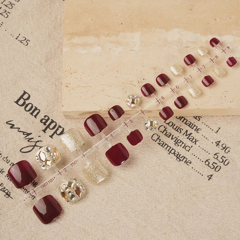 Press-On Nail Set Deep Burgundy & Gold Rhinestone Accents