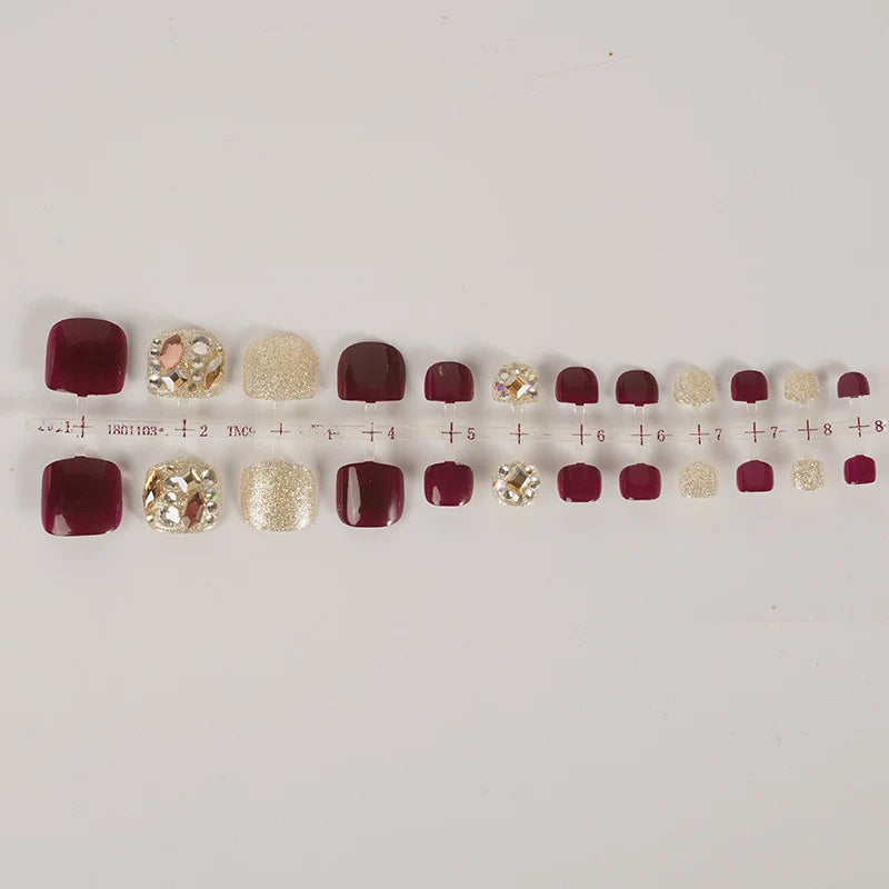 Press-On Nail Set Deep Burgundy & Gold Rhinestone Accents