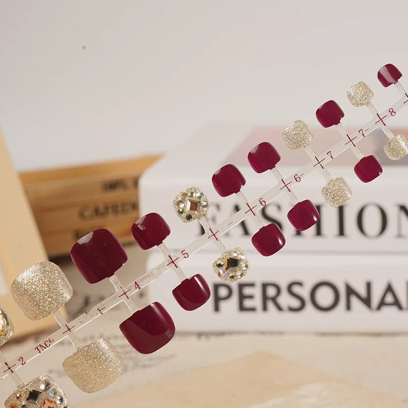 Press-On Nail Set Deep Burgundy & Gold Rhinestone Accents