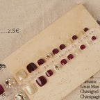Press-On Nail Set Deep Burgundy & Gold Rhinestone Accents