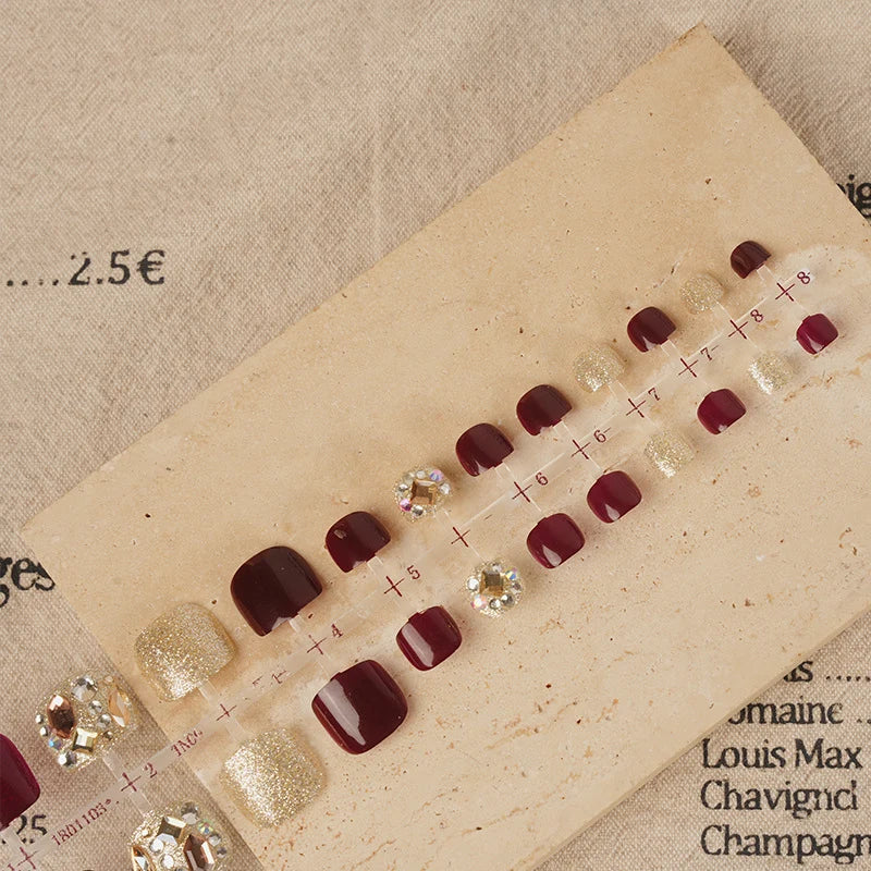Press-On Nail Set Deep Burgundy & Gold Rhinestone Accents