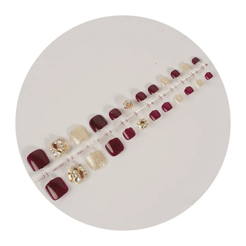Press-On Nail Set Deep Burgundy & Gold Rhinestone Accents