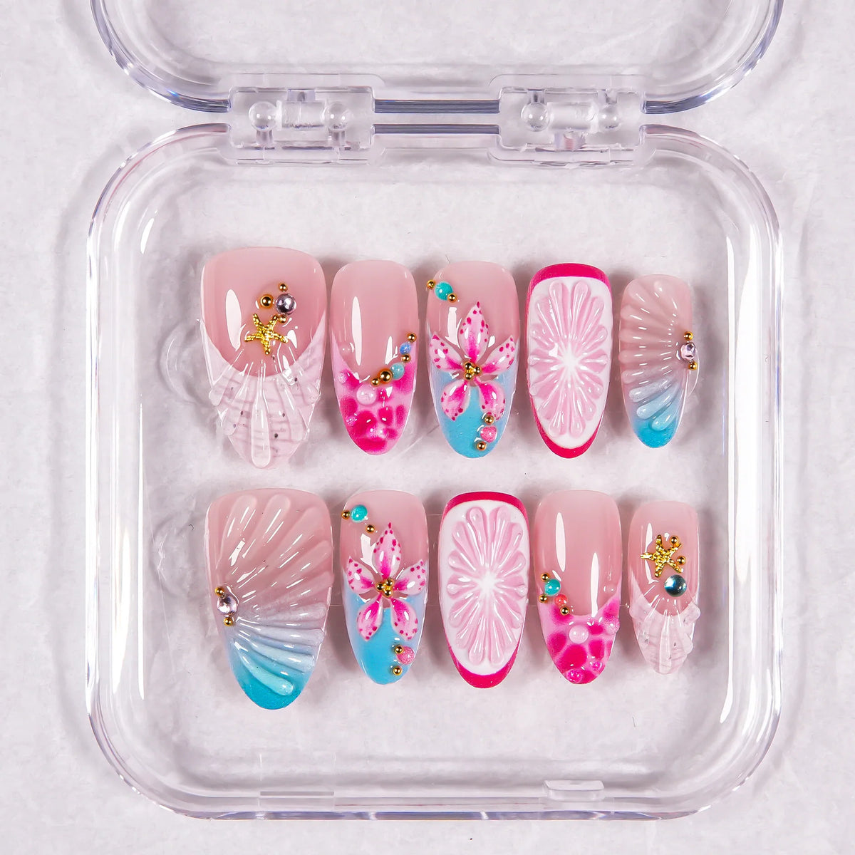 Press-On Nail Set Deep Pink Floral Peel-And-Stick 30-Piece
