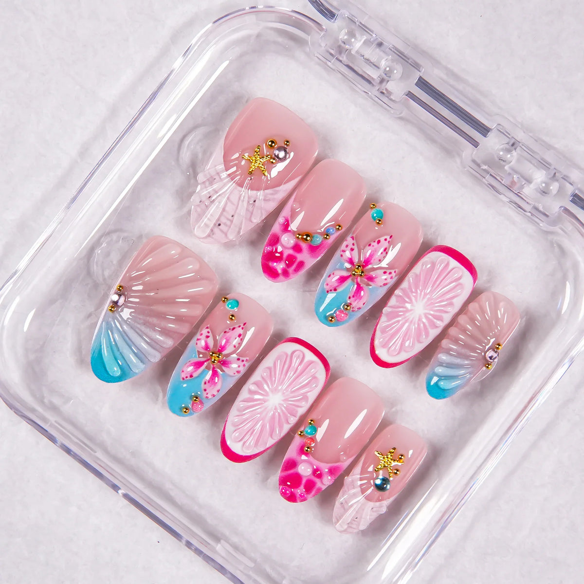 Press-On Nail Set Deep Pink Floral Peel-And-Stick 30-Piece