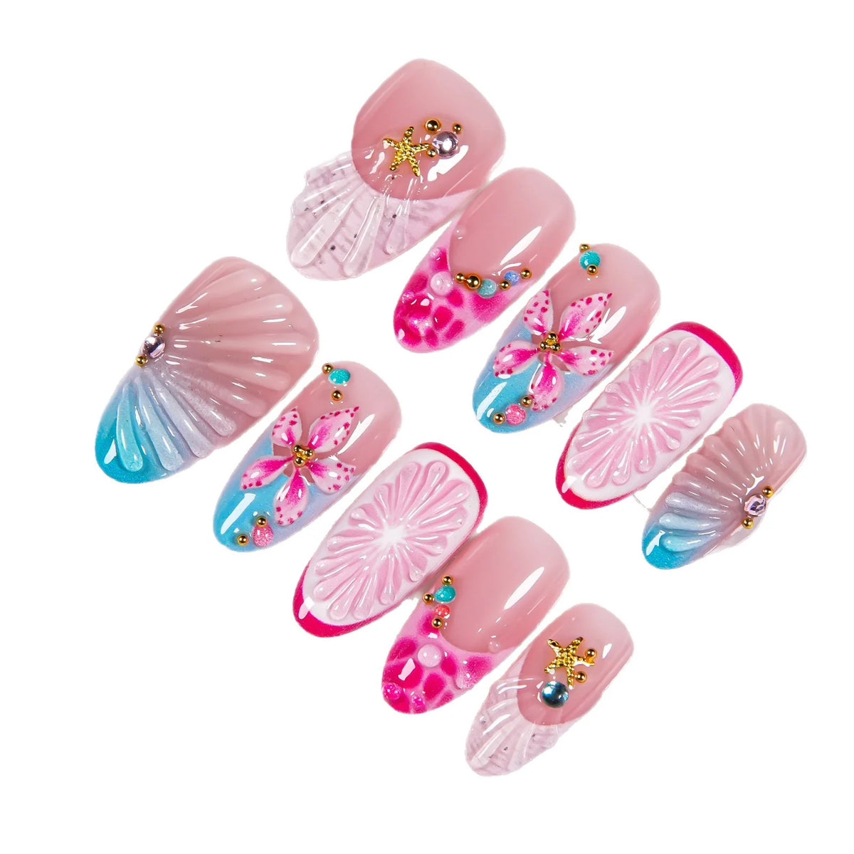 Press-On Nail Set Deep Pink Floral Peel-And-Stick 30-Piece
