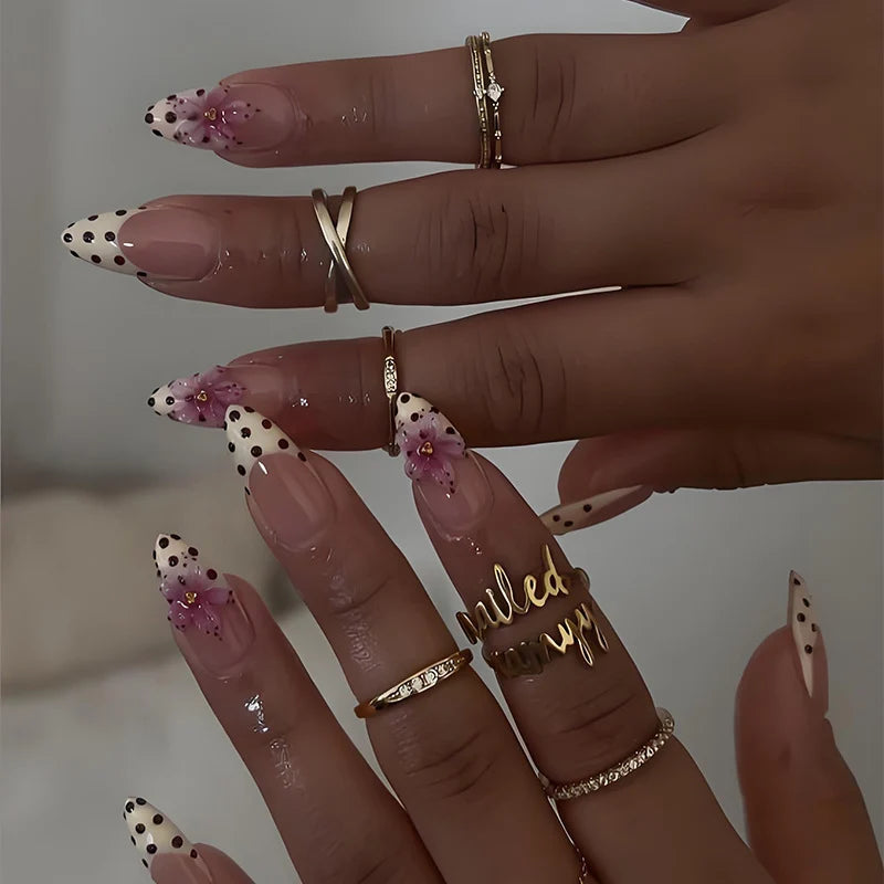Press-On Nail Set Easy Apply Long-Lasting Floral & Dot Designs