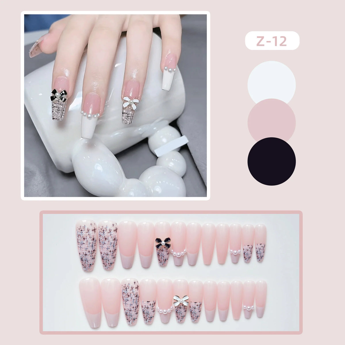 Press-On Nail Set Elegant Bow Accents Comfort Fit